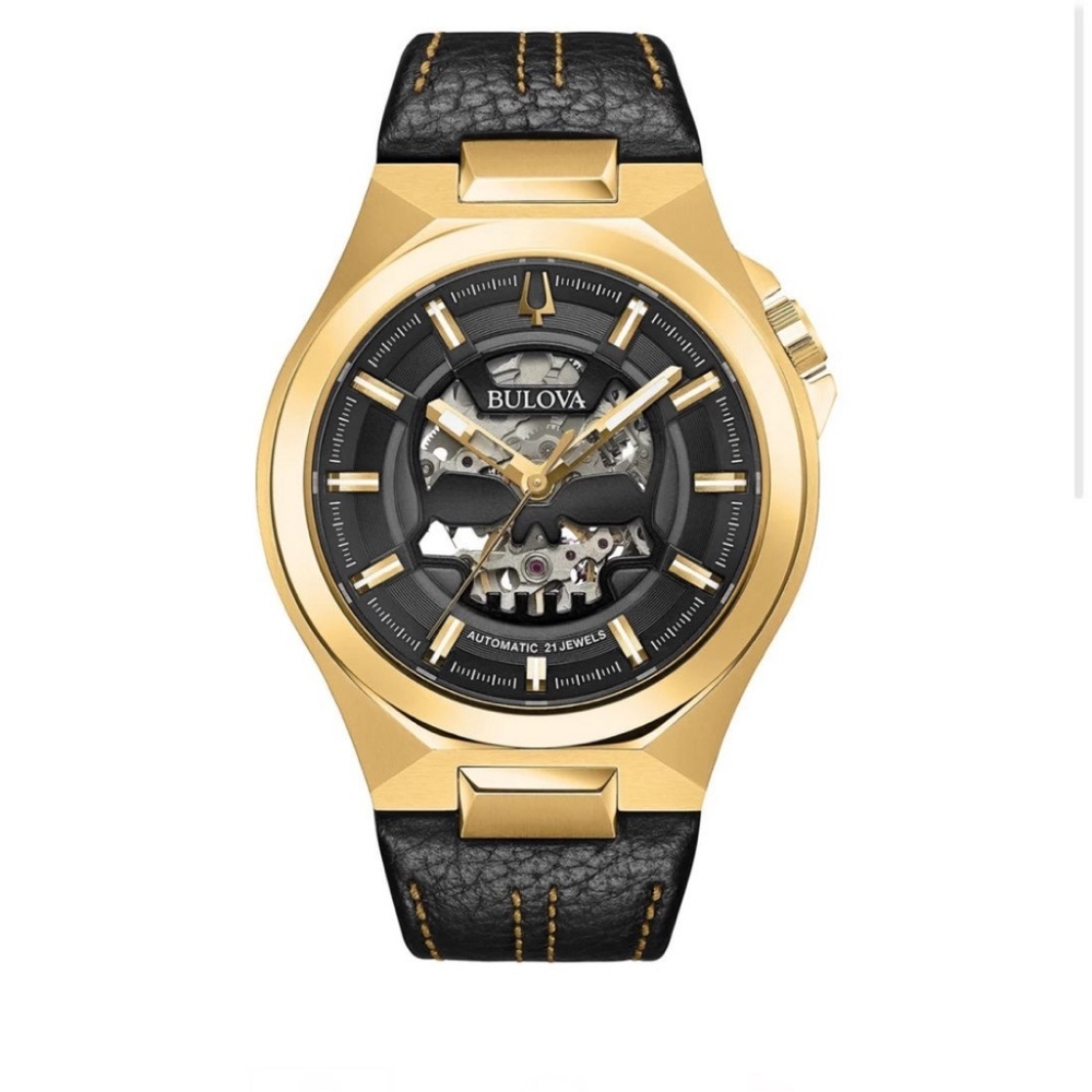 New BULOVA MEN'S MAQUINA AUTOMATIC BLACK LEATHER STRAP WATCH